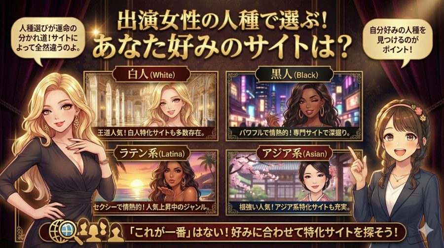 外国人・洋物系エロ動画サイトの選び方：出演女性の人種で選ぶ