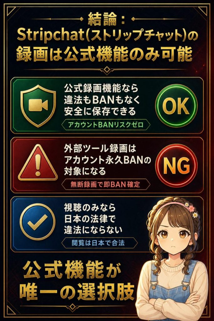 結論：Stripchat(ストリップチャット)の録画は公式機能のみ可能