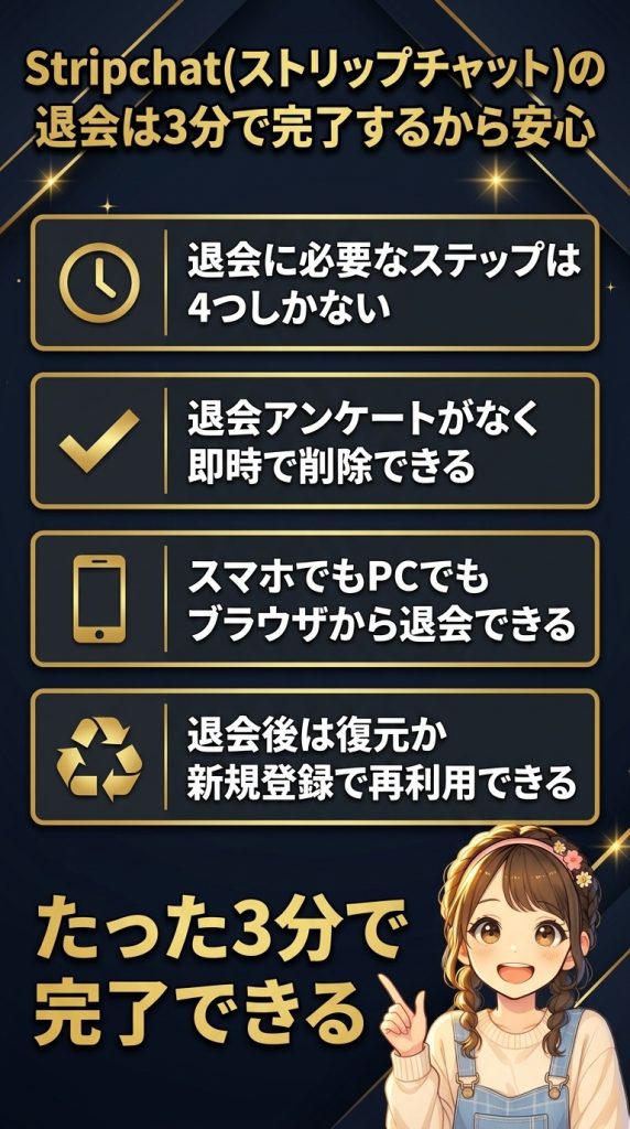 Stripchat(ストリップチャット)の退会は3分で完了するから安心