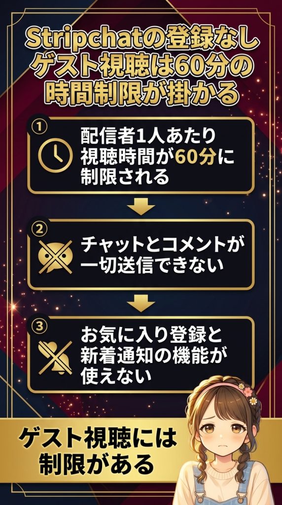 Stripchatの登録なしゲスト視聴は60分の時間制限が掛かる