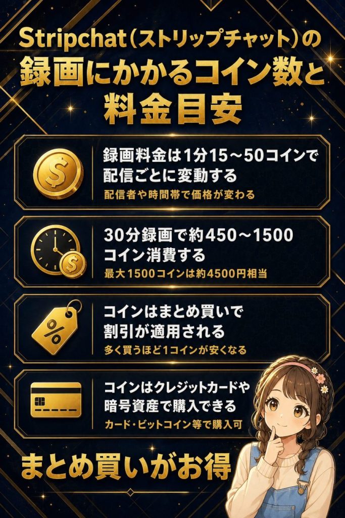 Stripchat(ストリップチャット)の録画にかかるコイン数と料金目安