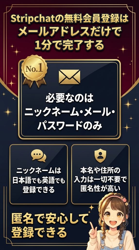 Stripchatの無料会員登録はメールアドレスだけで1分で完了する