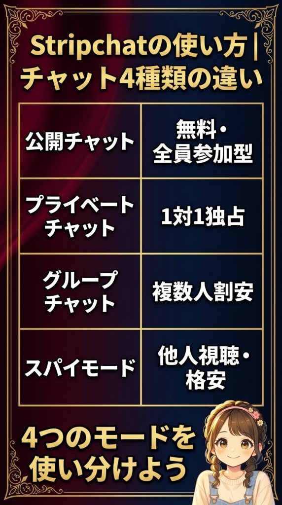 Stripchatの使い方｜チャット4種類の違い
