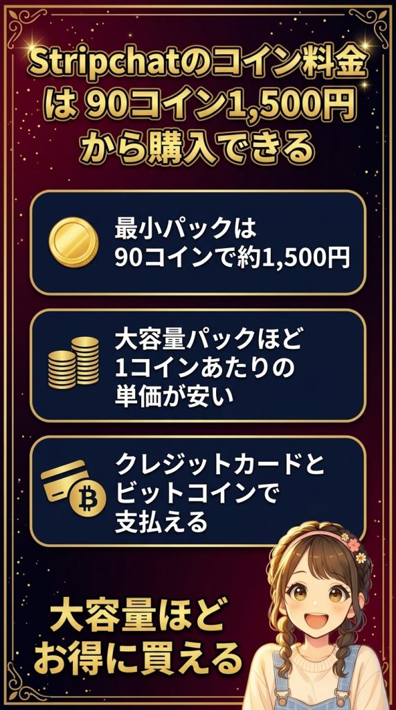 Stripchatのコイン料金は90コイン1,500円から購入できる